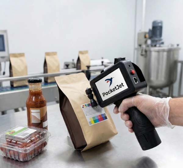 Impresora Handheld PocketJet P10 en empaque alimenticio