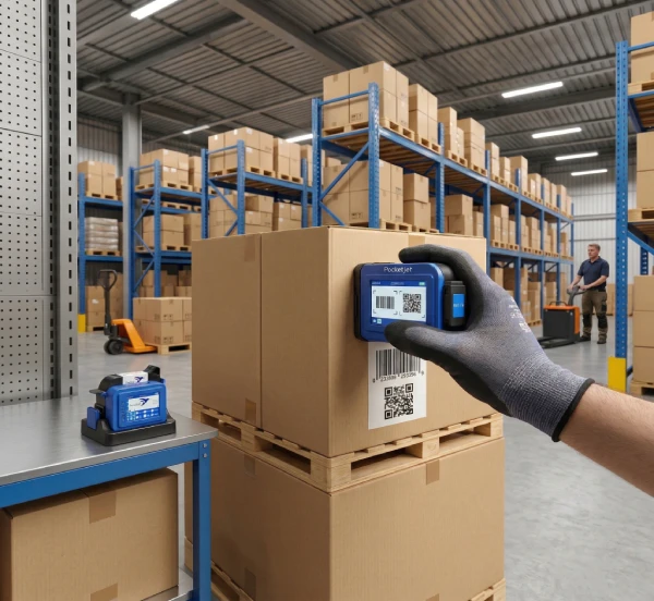 Continuous Inkjet Printer PocketJet en caja de cartón logística